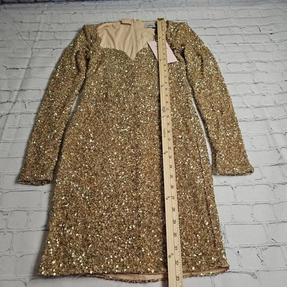 Oh Polly Sephina Gold Sequin Long Sleeve Mini Dress Sweetheart Neck Size 8 NEW - Picture 8 of 12